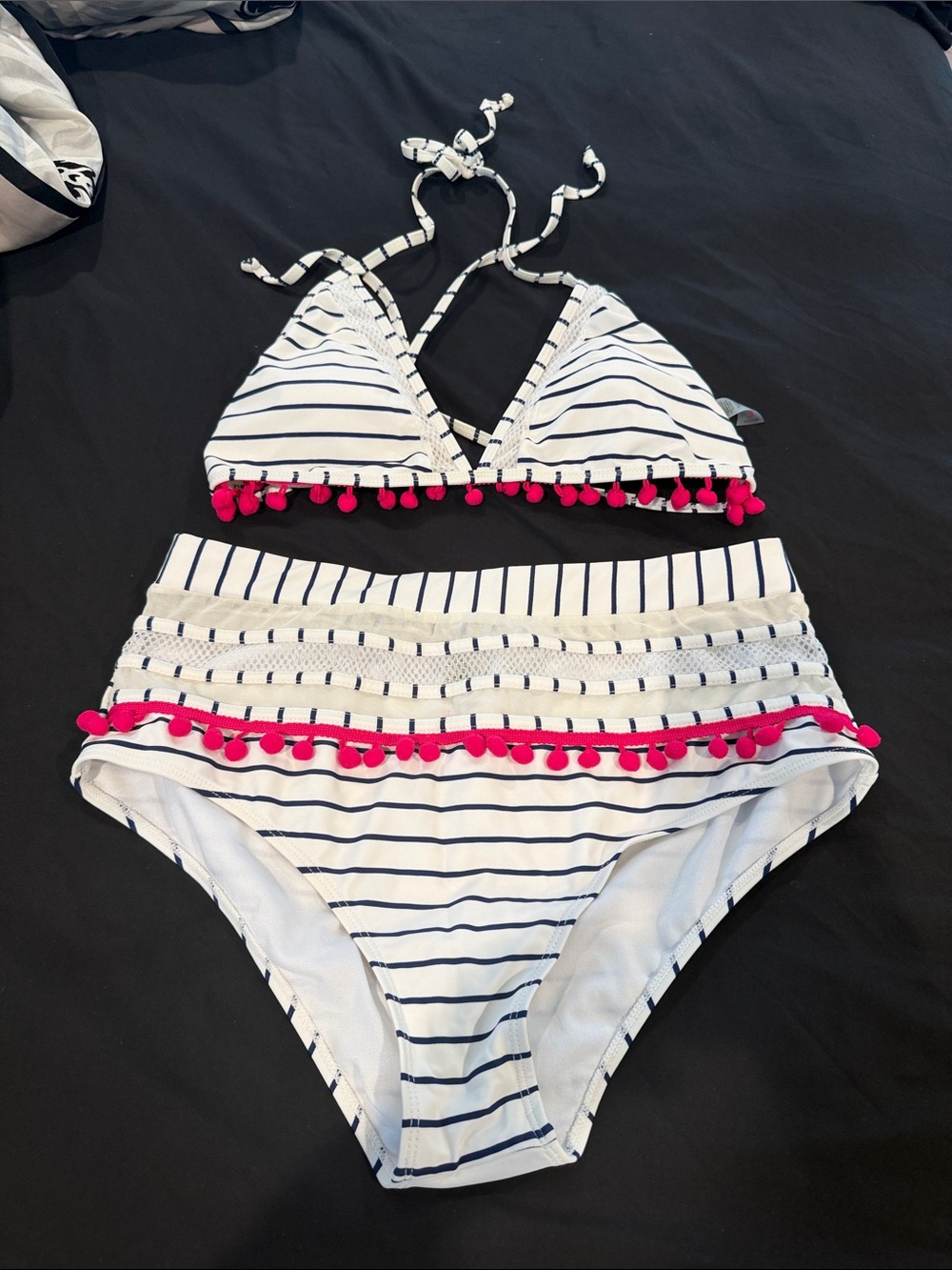 White & Navy Striped Bikini with Hot Pink Pom-Pom Trim